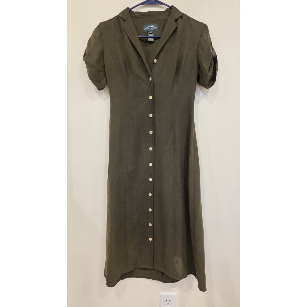 90s Silk Ralph Lauren Forest Green Button Front Maxi Dress Size 4P Petite VNTG